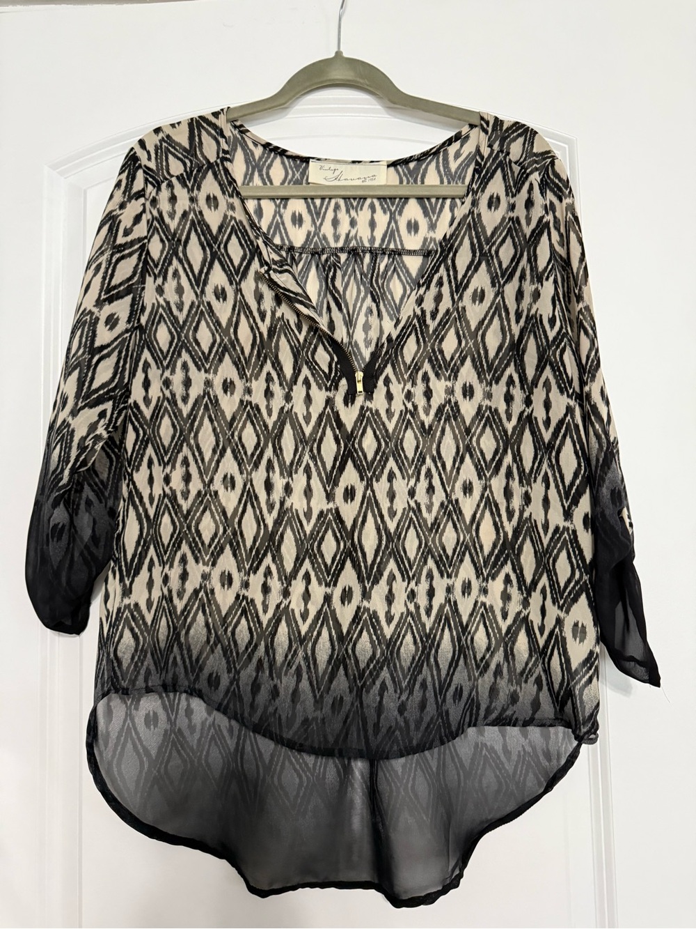 Geometric Black & Cream V-Neck Sheer Blouse Vintage Havana